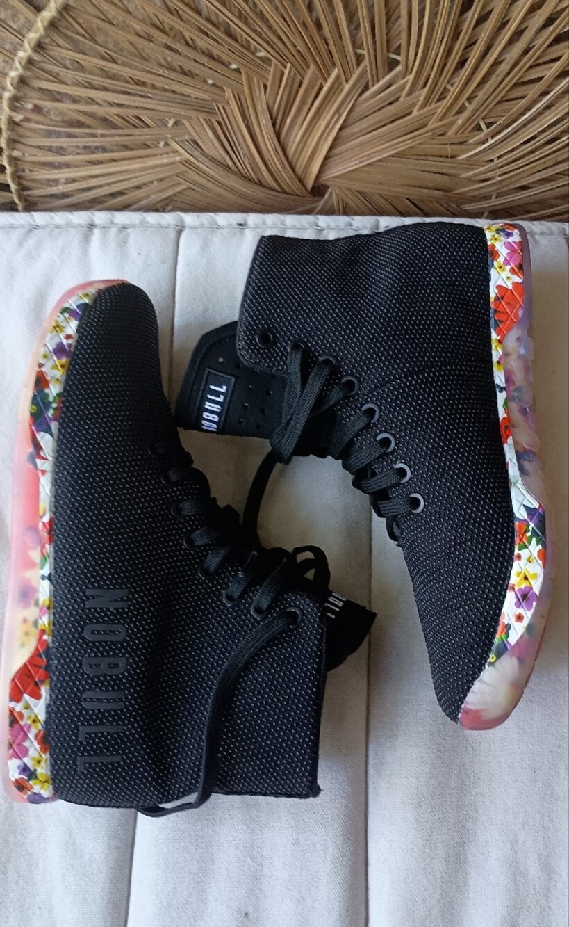 NO BULL Black High-Top Sneakers with Multicolor Patterned Soles_9.5